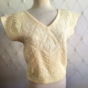 Marisa Christina Cream Beaded Sequin V-Neck Top
